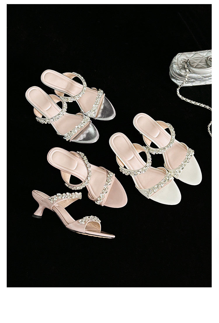 Karin Luna Exquisite Round Toe One-Strap Rhinestone Thin Heel Slippers