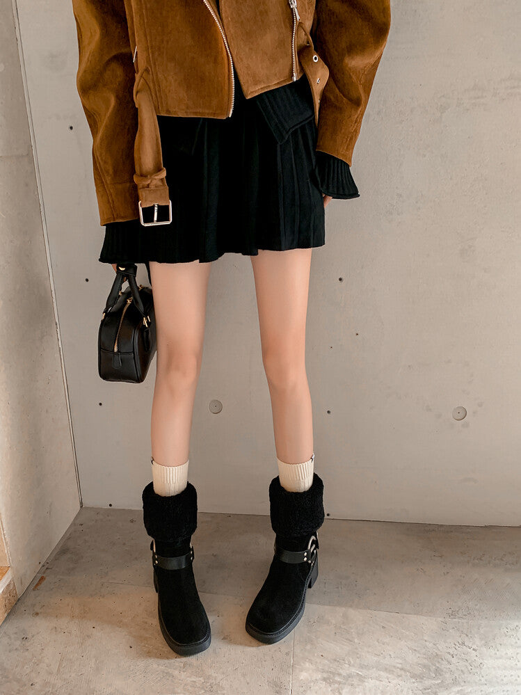 Karin Luna Genuine Lamb Wool and Cowhide Leather Hot-selling Metal Buckle Round Toe Chunky Heel Main Push Main Push