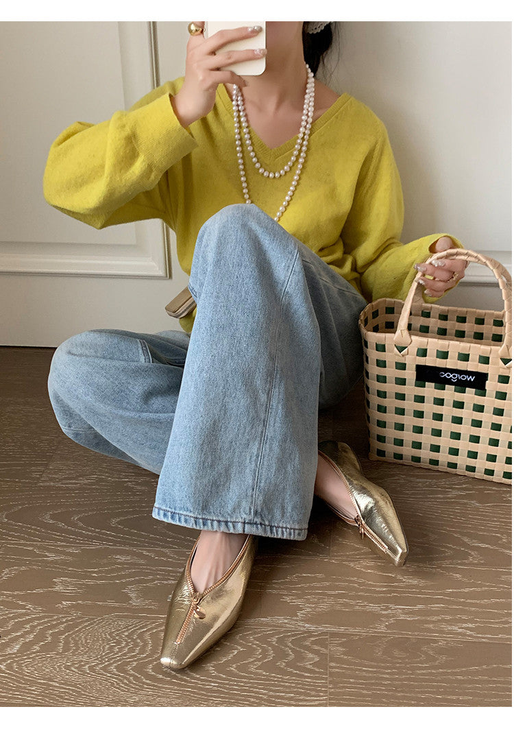 Karin Luna In Stock In Stock ~Basic Versatile Light Luxury Zipper Small Square Toe Flats