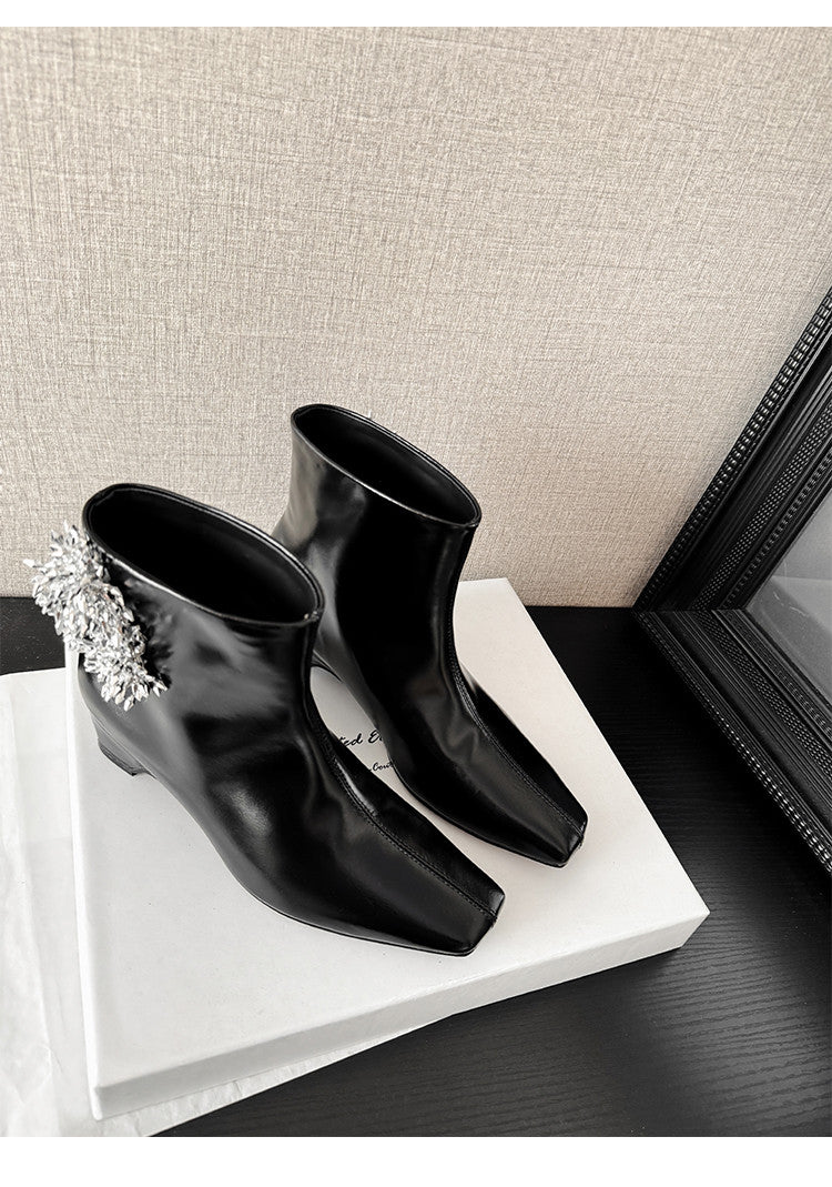Karin Luna Elegant Style Square Toe Flower Design Height Increasing Short Boots with Two Front and Back Options