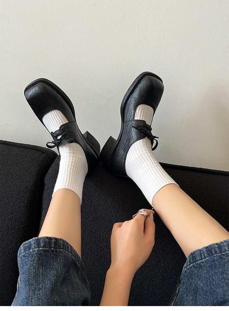 Karin Luna In Stock Spot Goods   Full leather inside and out Vegetable Tanned Hand-Grabbed Sheepskin Square-Toed Chunky Heel Single Shoes
