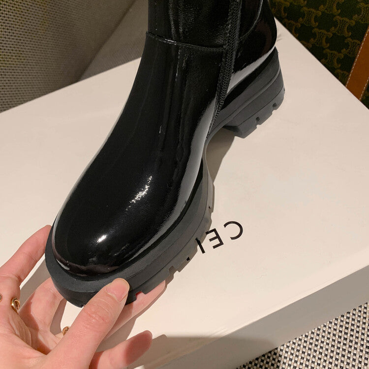 Karin Luna In Stock  Best-selling in stock Thickened Fleece Cow Patent Leather Hot-Selling Flat Short Boots