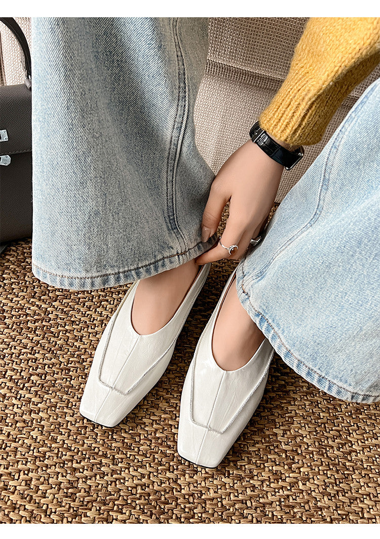 Karin Luna In Stock Spot Goods  Retro Full Leather Square Toe Shallow Mouth Single Shoes
