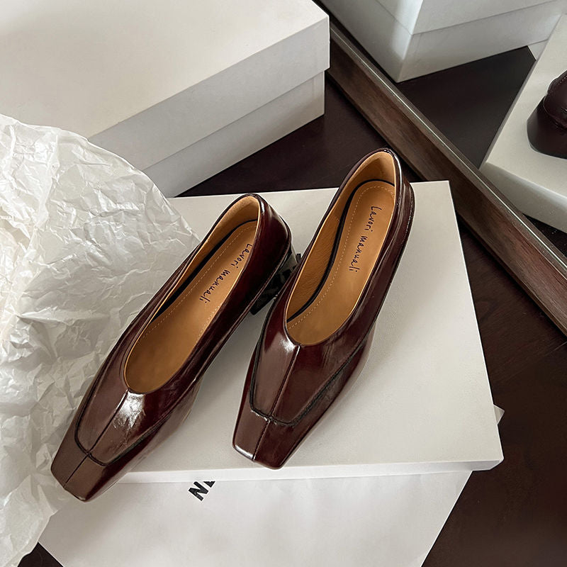 Karin Luna In Stock Spot Goods  Retro Full Leather Square Toe Shallow Mouth Single Shoes