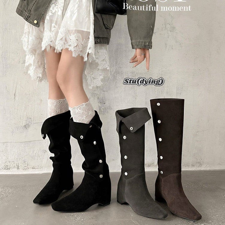 Karin Luna Bestseller Hot-Selling Hidden Buckle Lazy Style Square-Toe Height-Increasing Suede Western Boots
