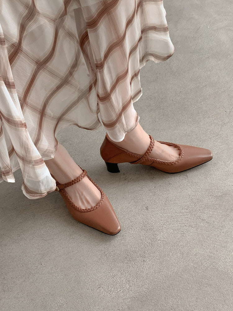 Karin Luna Braided Element Design Chunky Heel Square Toe Single Strap Shoes