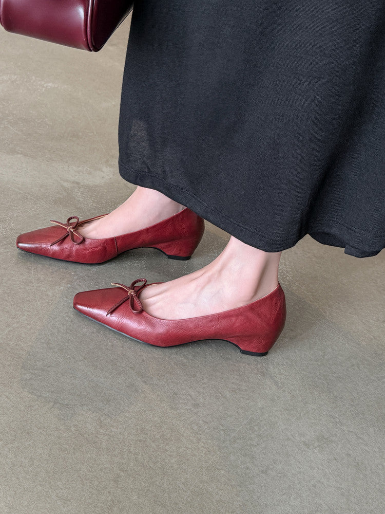 Karin Luna Full Layer Inside and Out~Basic Versatile Small Square Toe Butterfly Knot Irregular Heel Single Shoes