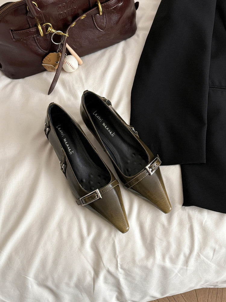 Karin Luna In Stock In Stock Retro Belt Buckle Small Square Toe Chunky Heel Single Shoes