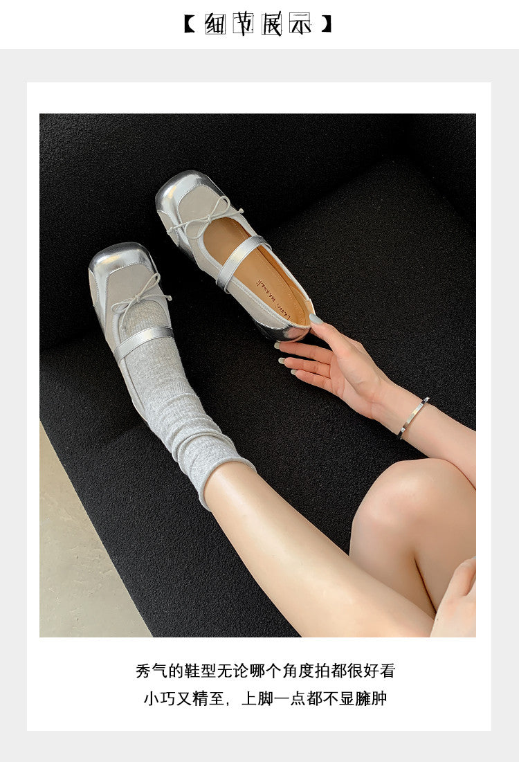 Karin Luna In Stock Spot Goods    Color Block Cowhide Leather Square Toe Slip-On Height Increasing Bowknot Flats