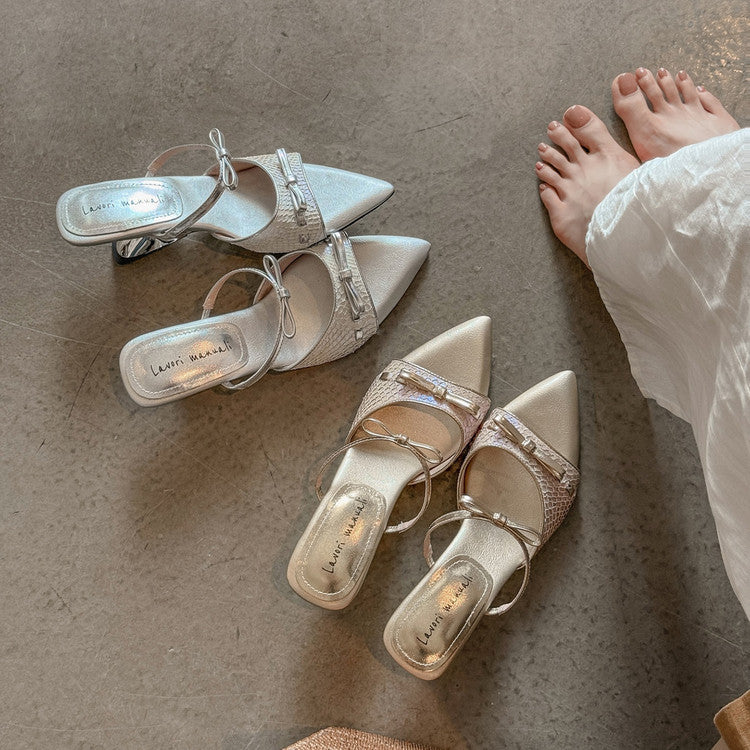 Karin Luna Fish Skin Series~Pointed Toe Irregular Heel Bowknot Strap Slippers