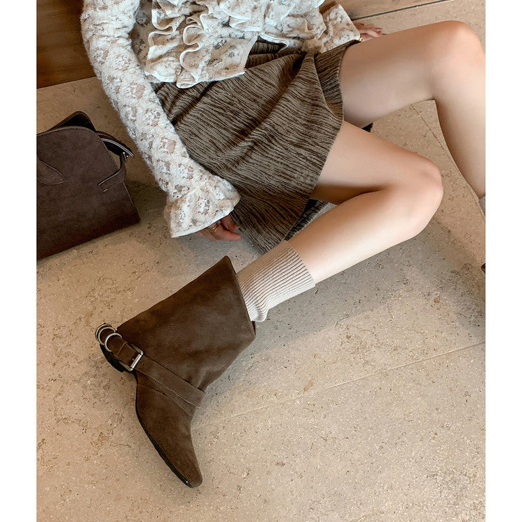 Karin Luna Data Hot Item Square Toe Hidden Wedge Belt Buckle Suede Ankle Boots