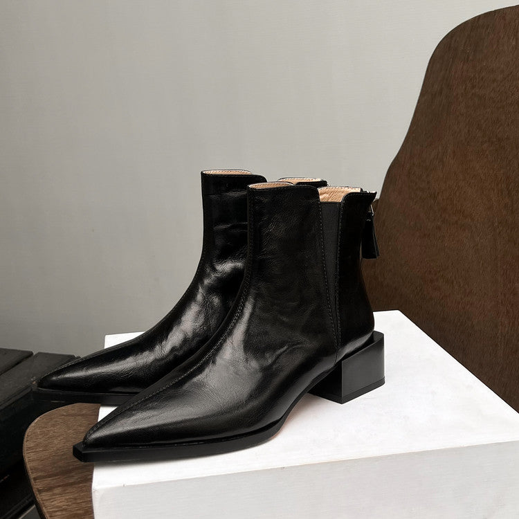 Karin Luna In Stock Spot Goods Elegant Stretch Fabric Patchwork Pointed Toe Chunky Heel Short Boots