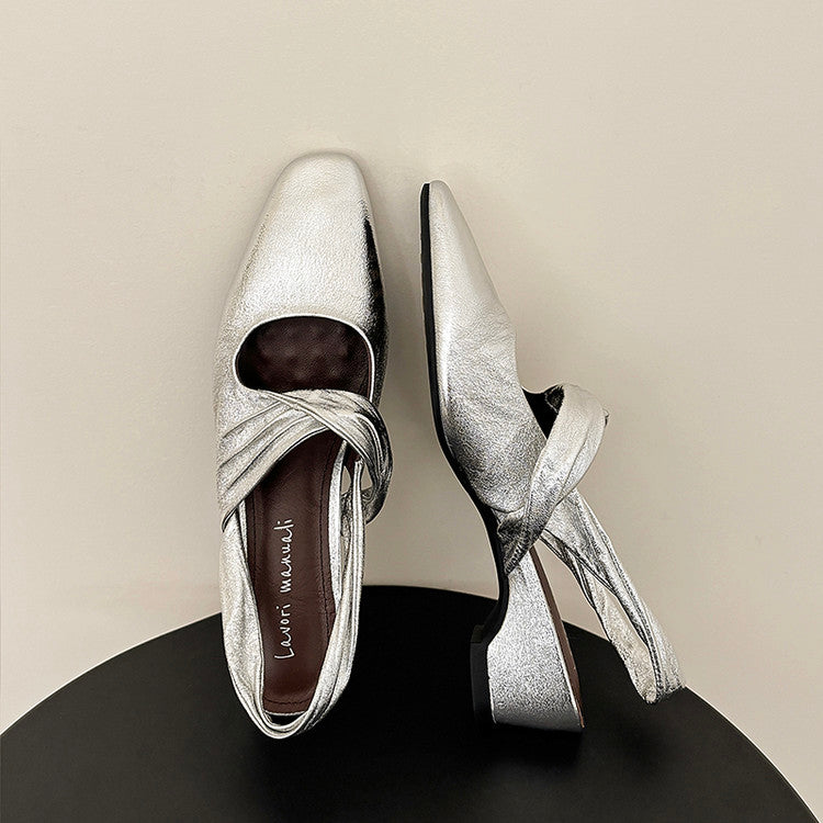 Karin Luna In Stock  Spot Goods Small Square Toe Wrinkled Chunky Heel Closed-Toe Sandals