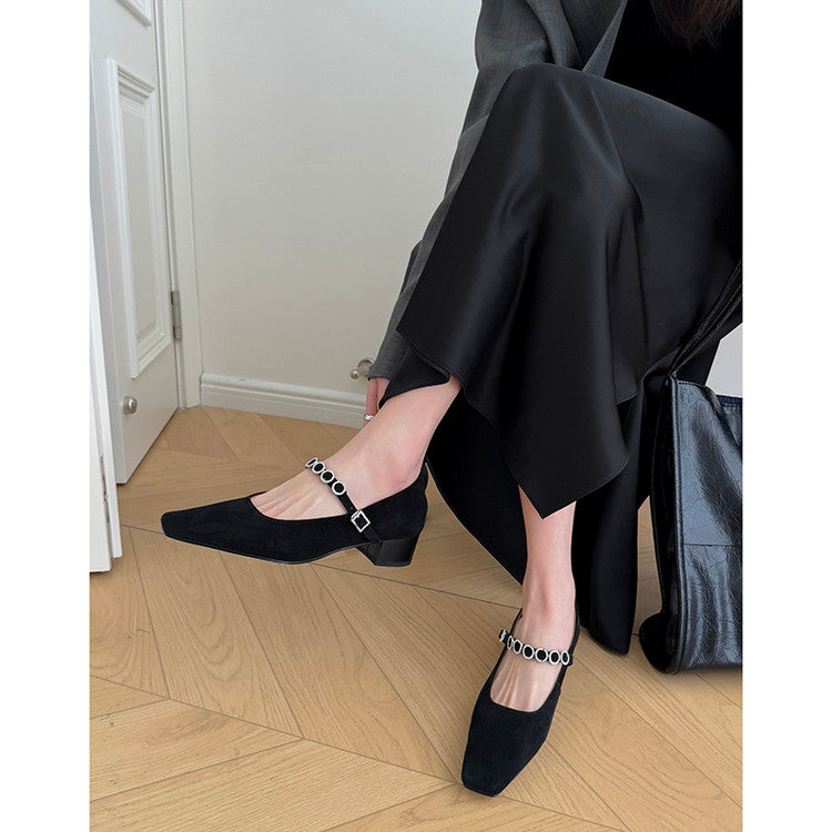 Karin Luna In Stock Spot Goods  Vintage Full Leather Square Toe Rhinestone Strap Shallow Mouth Single Shoes