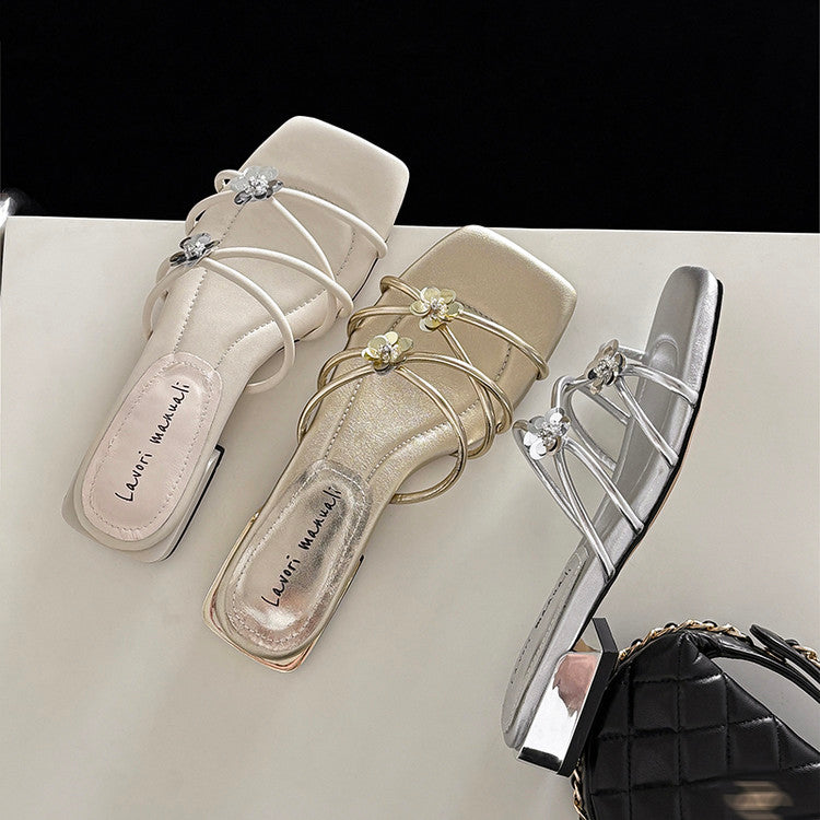 Karin Luna In Stock    Spot Goods    Square Toe One-Strap Sequin Flower Flat Slippers