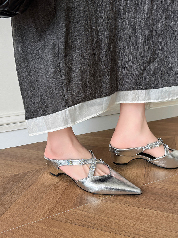 Karin Luna Elegant Pointed Toe Rhinestone Flower High Heel Mules