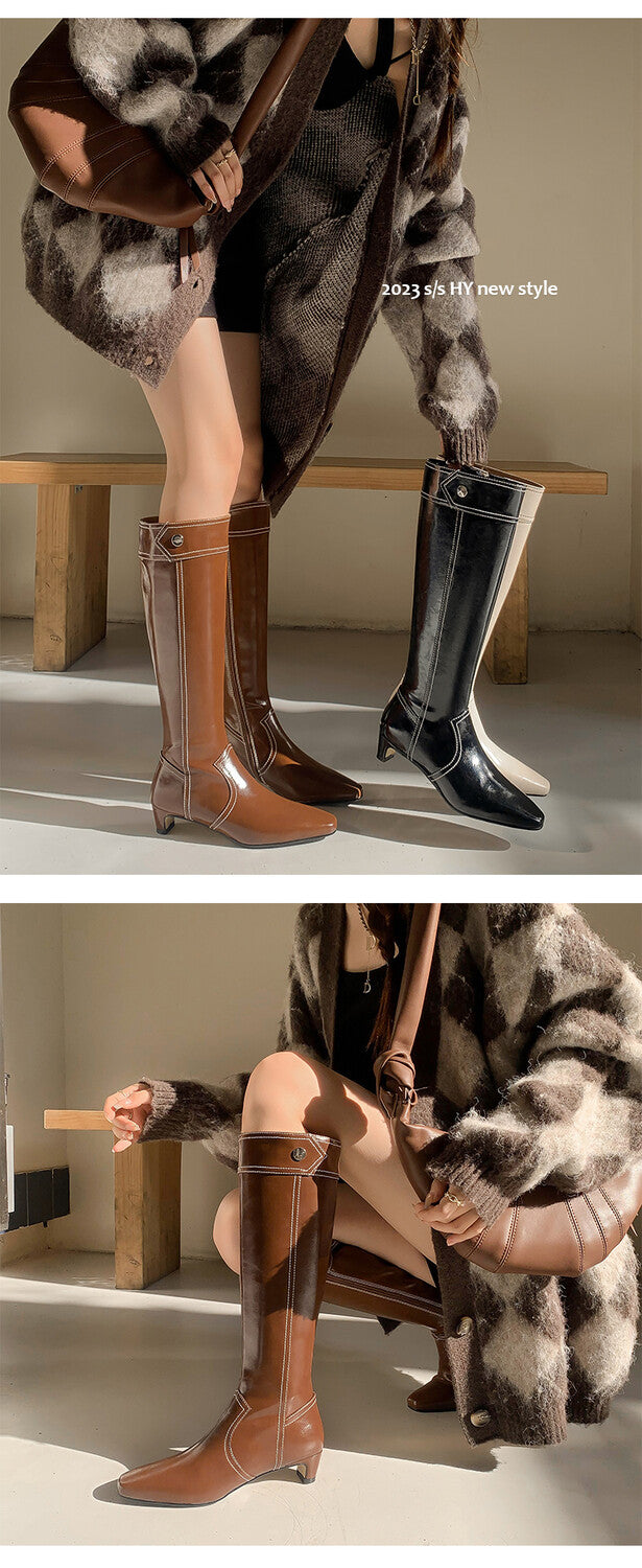 Karin Luna In Stock Spot Goods  Vintage Open Stitch Small Square Toe High Heel Side Zipper Riding Boots