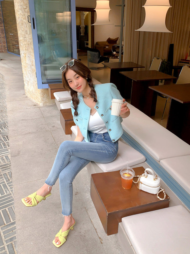 Karin Luna In Stock In Stock  Comfortable Cross Strap  Airy High Heel Square Toe Slippers