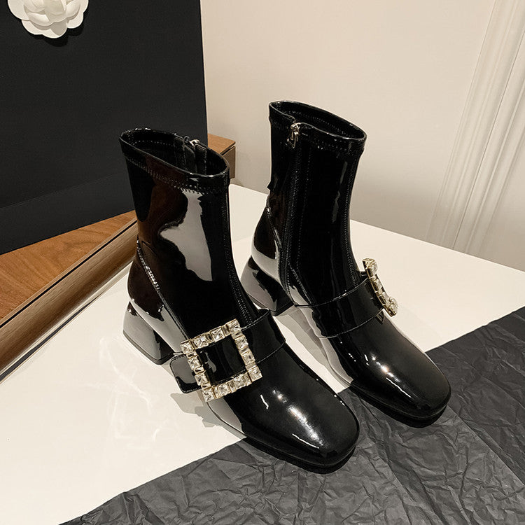 Karin Luna Elegant Style Ultra Slimming Rhinestone Chunky Heel British Style Riding Boots Long Boots