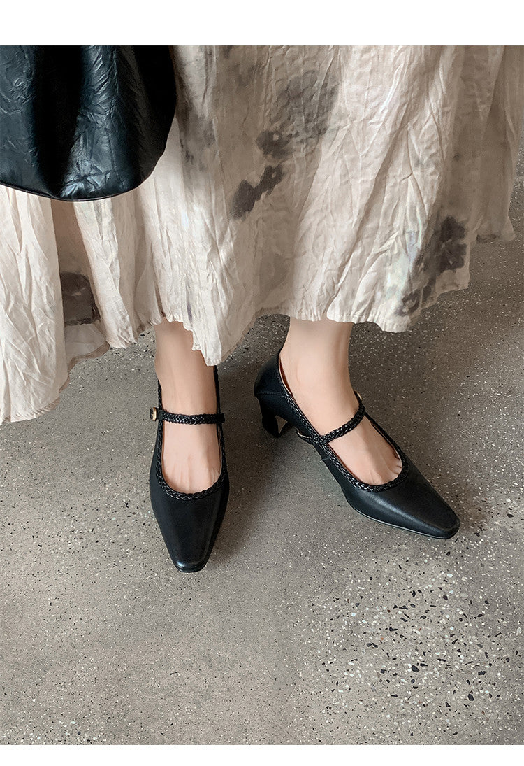 Karin Luna Braided Element Design Chunky Heel Square Toe Single Strap Shoes