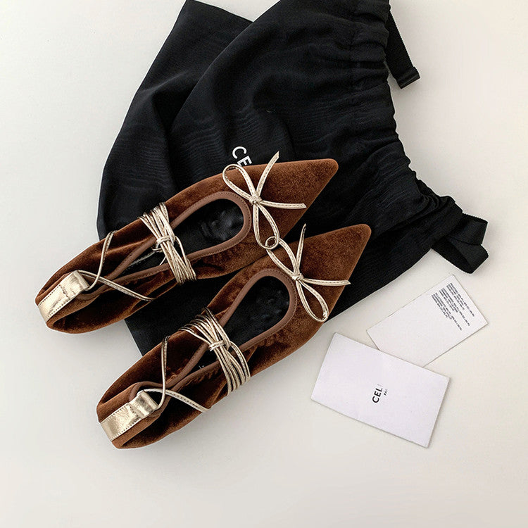 Karin Luna In Stock In Stock Retro Velvet Pointed Toe Bowknot Single Shoes