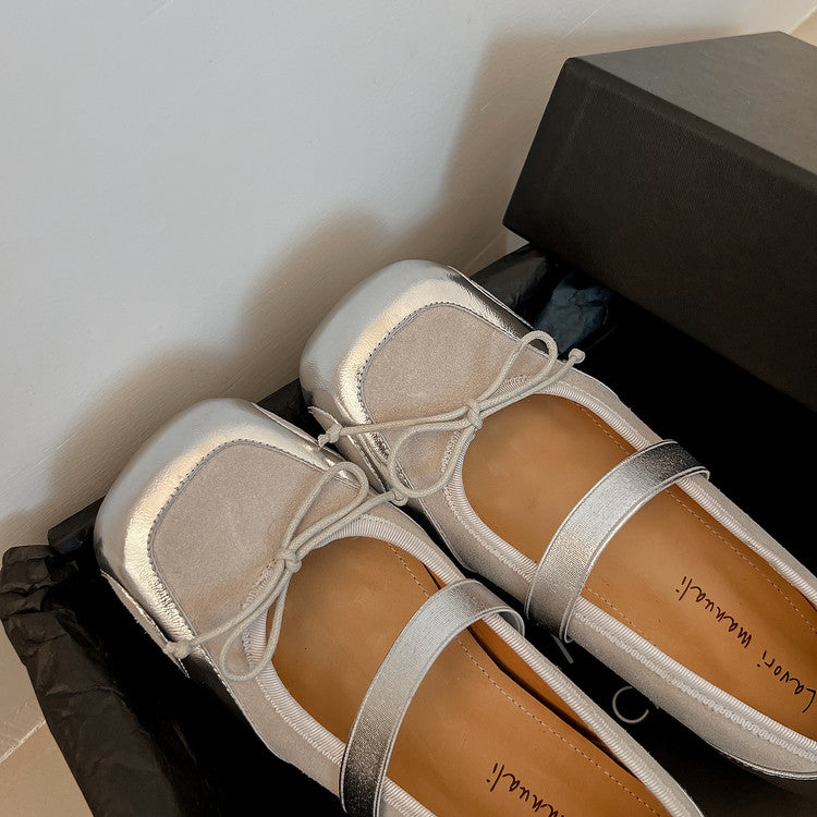 Karin Luna In Stock Spot Goods    Color Block Cowhide Leather Square Toe Slip-On Height Increasing Bowknot Flats