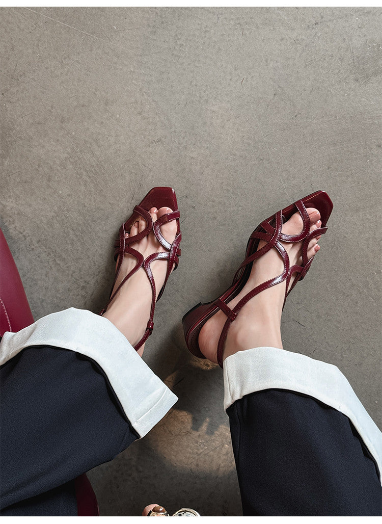 Karin Luna French Hollow Style Small Square Toe Chunky Heel Sandals