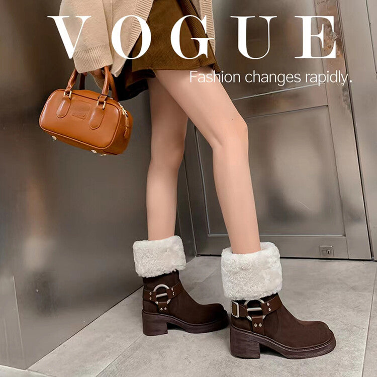 Karin Luna Genuine Lamb Wool and Cowhide Leather Hot-selling Metal Buckle Round Toe Chunky Heel Main Push Main Push