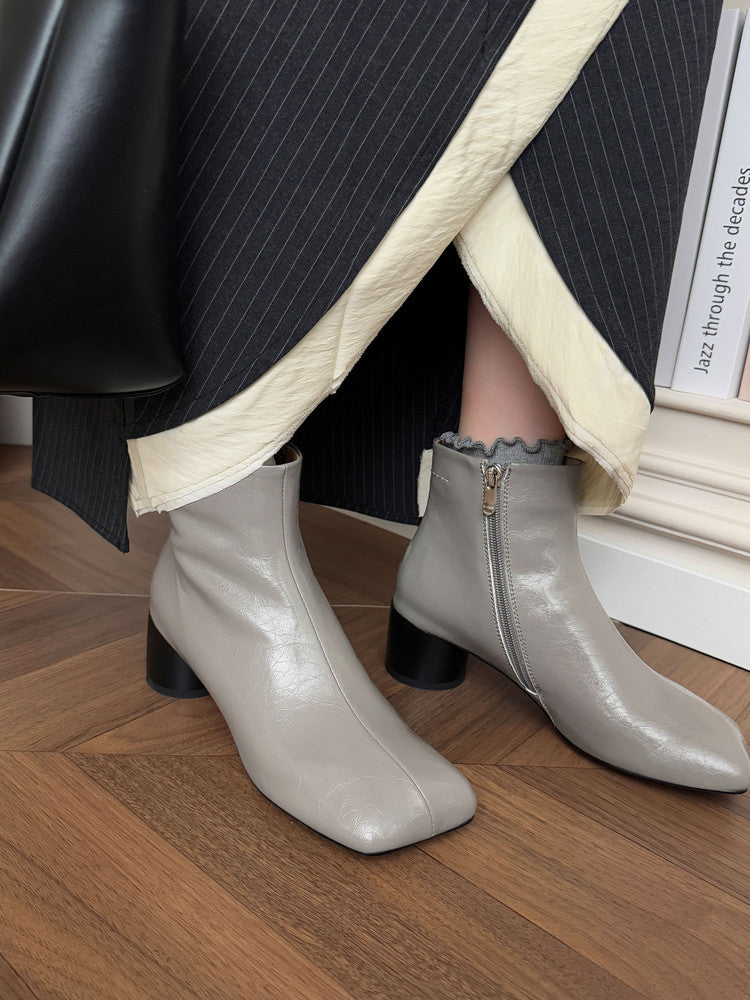 Karin Luna French Style Square Toe Chunky Heel Ankle Boots
