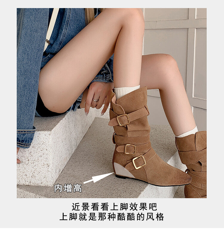 Karin Luna Cow Leather Small Square Toe Belt Buckle Fashion Boots