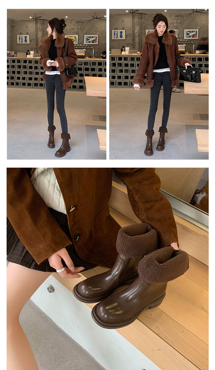 Karin Luna Classic Basic Style   Convertible Foldable Hidden Buckle Snow Fur Shoes Full cowhide Basic Flat Short Boots