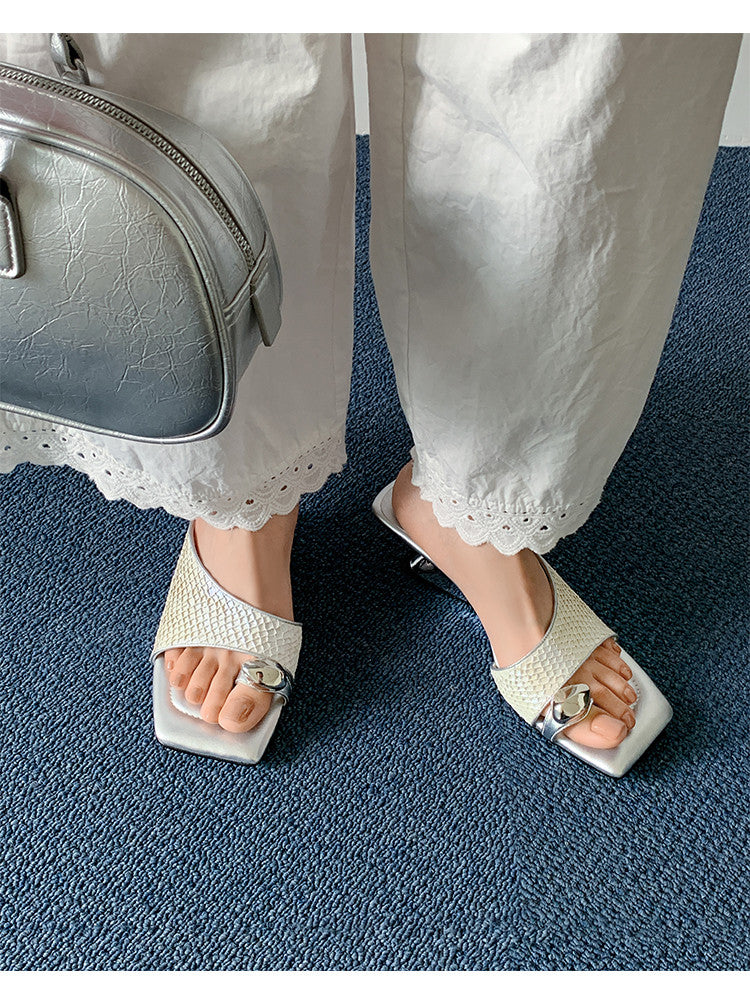 Karin Luna Fish Skin Series~Minimalist Square Toe Popular Irregular Heel Slippers