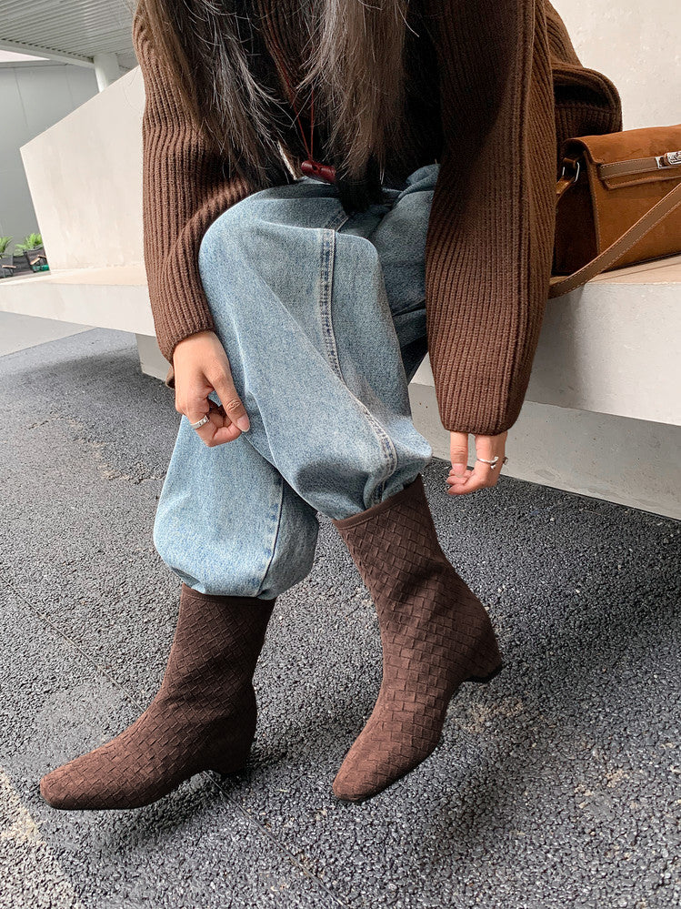 Karin Luna Handmade Woven Fabric Small Square Toe Hidden Heel Short Boots