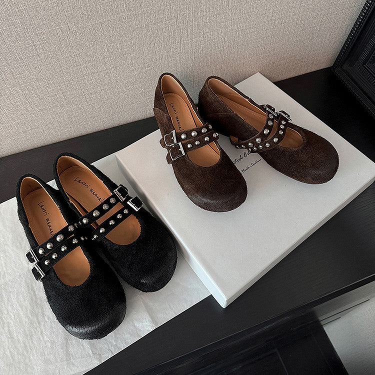Karin Luna Hot Item Hot Item Punk Style One-Strap Round-Toe Suede Leather Height-Increasing Flats