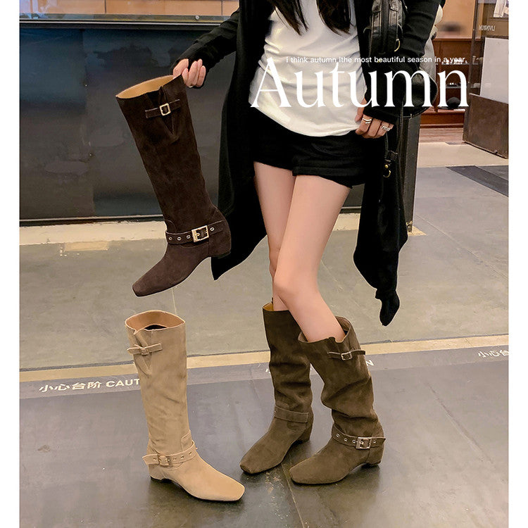 Karin Luna Data Model Belt Buckle Matte Square Toe Hidden Wedge Slouch Western Boots