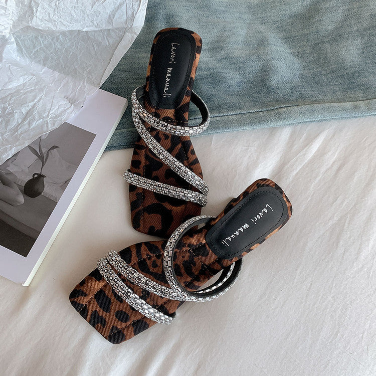 Karin Luna In Stock Spot Goods  Rhinestone One-Strap Irregular Heel Square-Toe Slippers