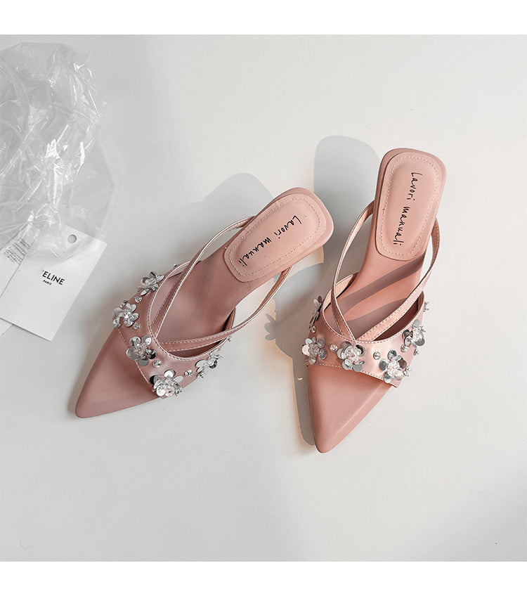 Karin Luna Bestseller Sequin Elements Elegant Pointed Toe Irregular Heel Slippers