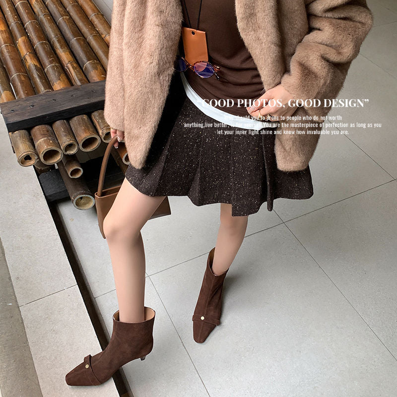 Karin Luna Elegant Style Small Square Toe Belt Buckle Thin Heel Short Boots