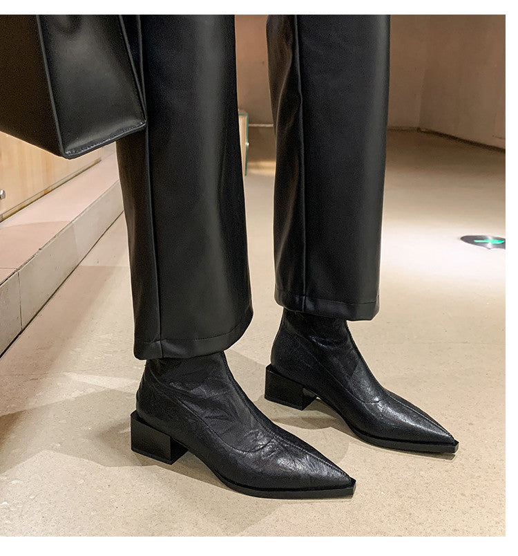 Karin Luna Elegant Style Pointed Toe Chunky Heel Short Boots