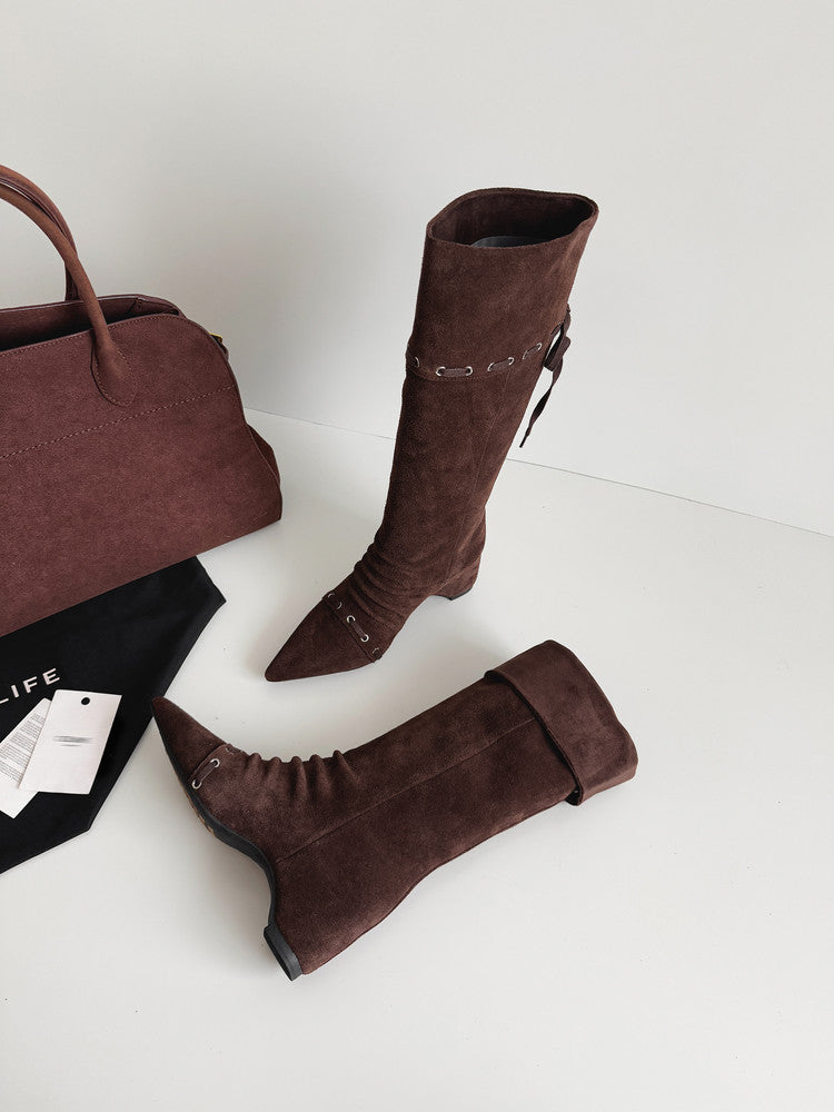 Karin Luna Elegant Style  Pointed Toe Pleated Hidden Wedge Western Boots