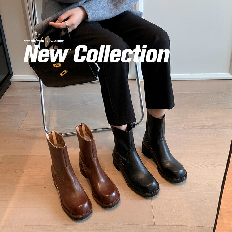 Karin Luna In Stock Spot Goods  Full-grain leather inside and out   Minimalist Texture  Round Toe Flat Bottom Basic Short Boots