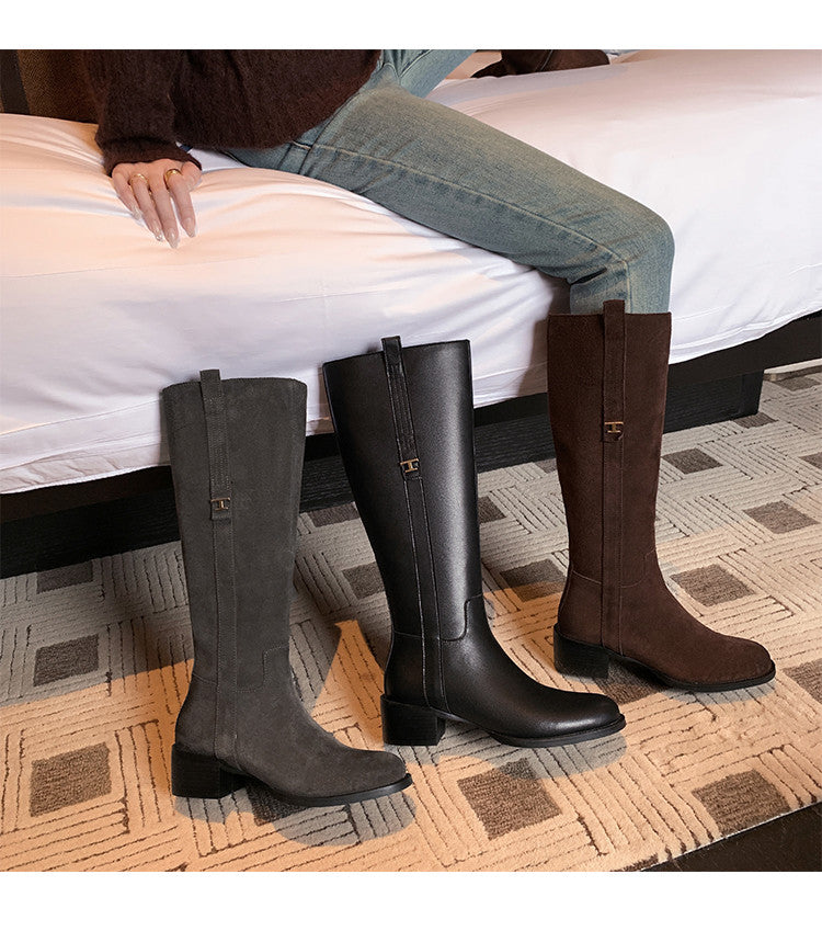 Karin Luna In Stock Spot Goods Basic Retro Square Toe Chunky Heel Riding Boots