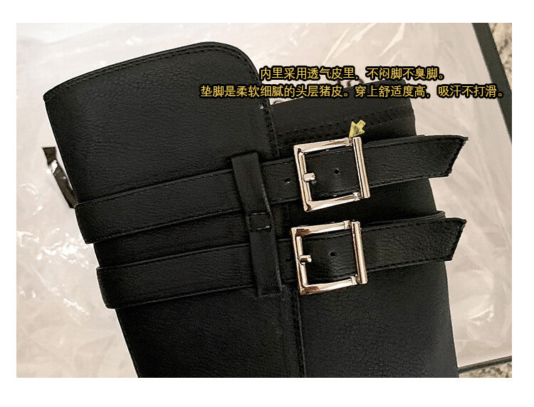 Karin Luna In Stock  Round Toe Thick Sole Casual Belt Buckle Long Boots