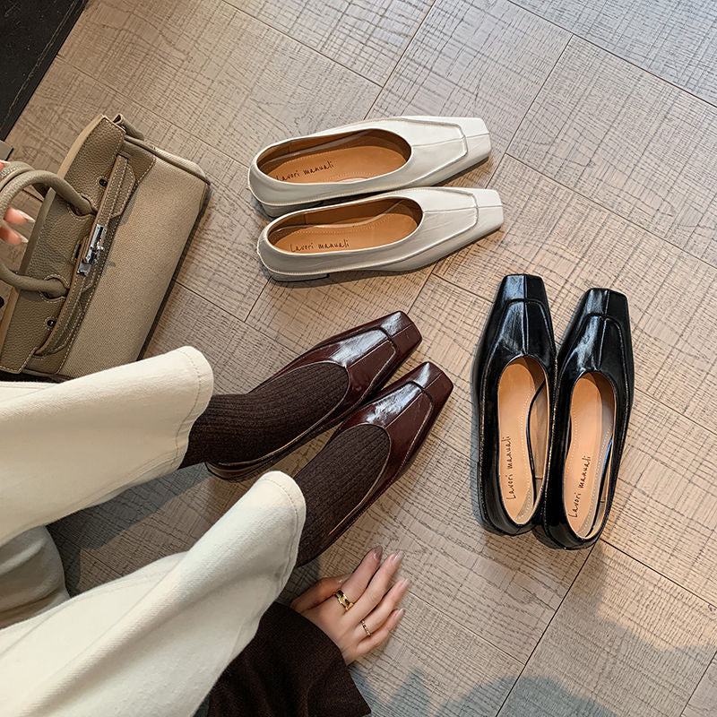 Karin Luna In Stock Spot Goods  Retro Full Leather Square Toe Shallow Mouth Single Shoes