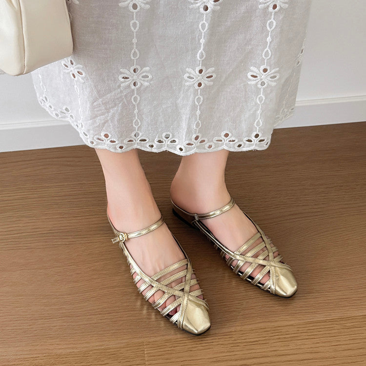 Karin Luna In Stock Spot Goods   French Retro Hollow Small Square Toe One-Strap Slippers