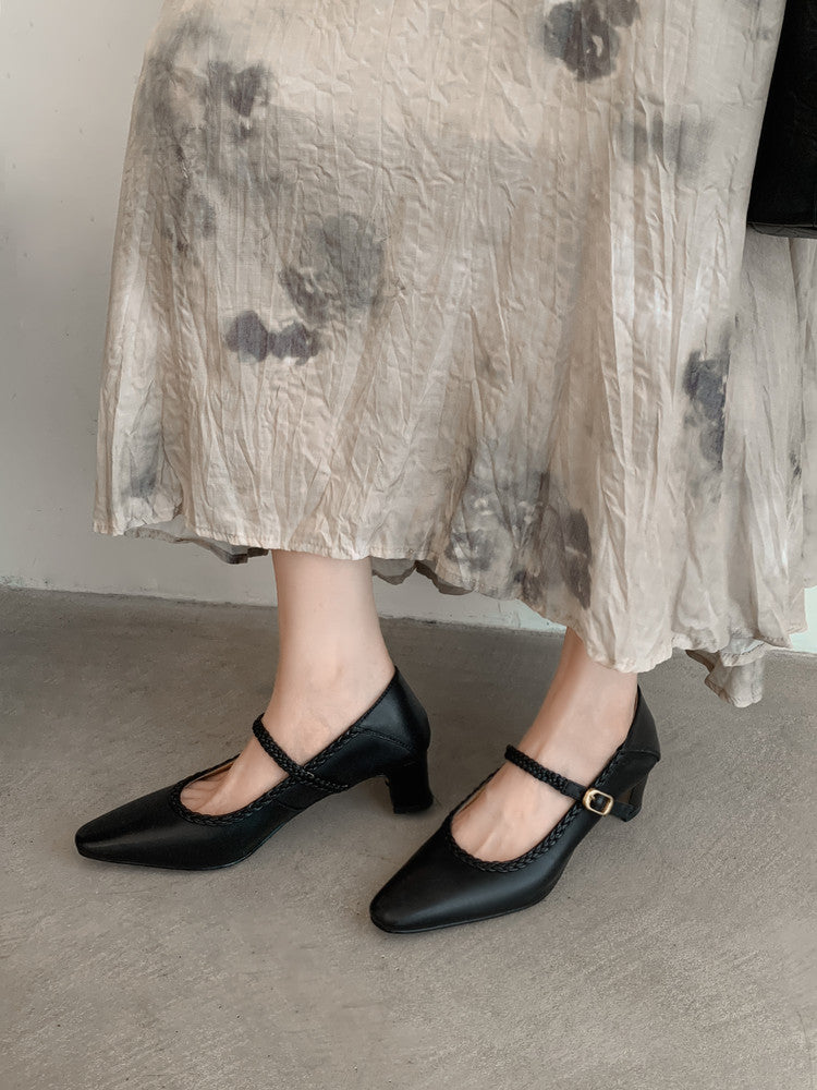Karin Luna Braided Element Design Chunky Heel Square Toe Single Strap Shoes