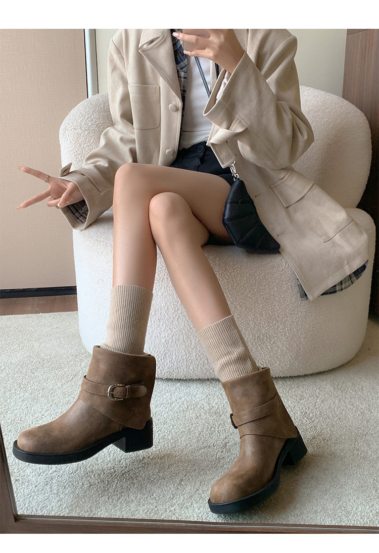Karin Luna In Stock Spot Goods Versatile Basic Round Toe Belt Buckle Thick Sole Tube Boots