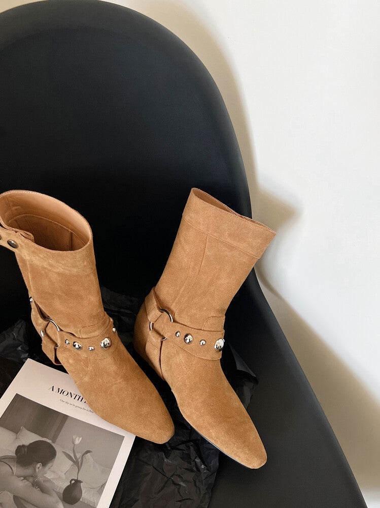 Karin Luna has prepared stock  Hot-Selling Retro Pointed Toe Wedge Metal Buckle High Tube Western Boots