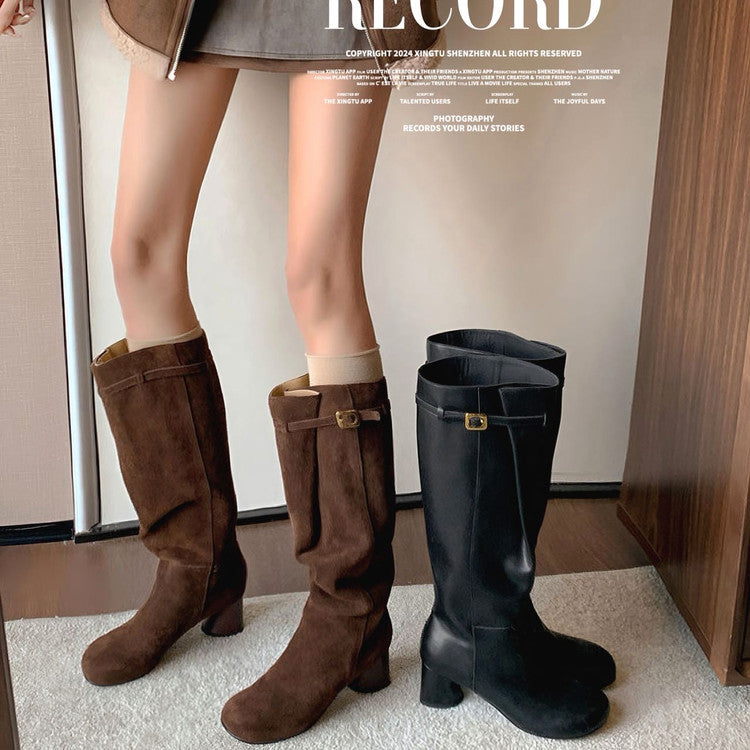Karin Luna In Stock In Stock Mango Head Large Tube Belt Buckle Chunky Heel Long Boots