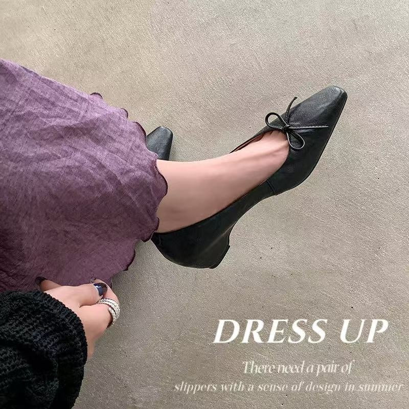 Karin Luna Full Layer Inside and Out~Basic Versatile Small Square Toe Butterfly Knot Irregular Heel Single Shoes